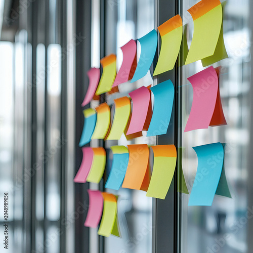 Creative brainstorming session office space sticky notes arrangement collaborative environment close-up view visual organization techniques