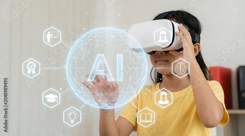 Child wearing virtual reality headset interacting with futuristic ai interface in holographic space