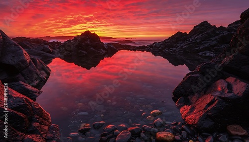 Dramatic sunset reflection over rocky tidal pool with still water and silhouetted rocks
