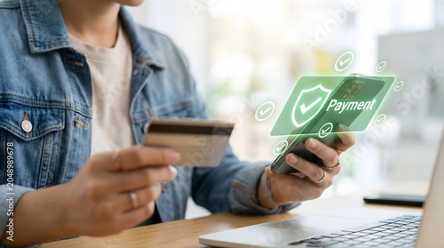 Person holding a credit card and smartphone with secure payment shield icon