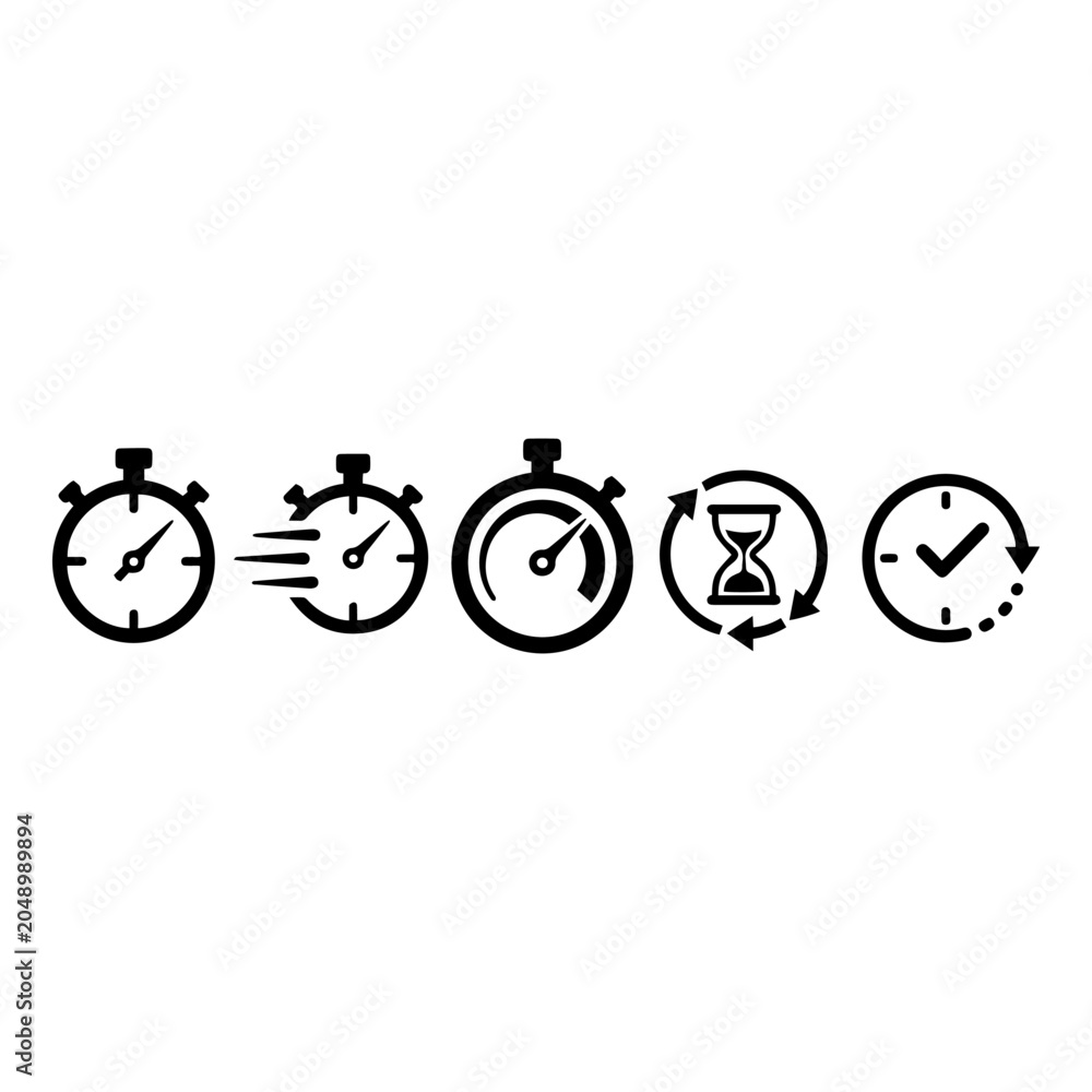 Fototapeta premium Black and white time management and productivity symbols set with deadline stopwatch hourglass schedule management business illustration efficiency planning