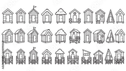 Beach hut line icon set. Cabana house, seaside cabin, lifeguard hut, changing booth, coastal shelter outline vector illustrations. Symbols for beach resort on white background.
