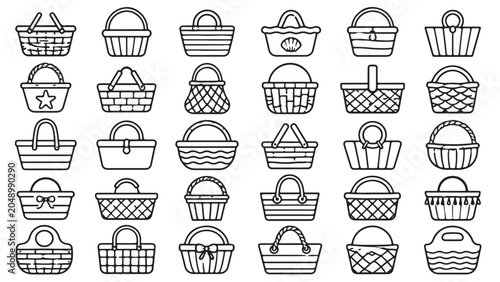 Wicker basket line icon set. Picnic basket, fruit hamper, market bag, woven container, grocery basket outline vector illustrations. Signs for shopping picnic on white background.