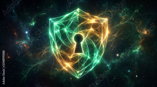 Glowing Cyber Security Shield with Digital Lock for Data Protection and Privacy Concept
