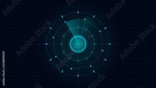 Futuristic blue green digital radar scanner interface rotating on a dark blue grid background HUD display
