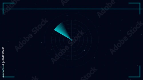 Futuristic teal radar scan on a dark blue digital screen with targets and starry background