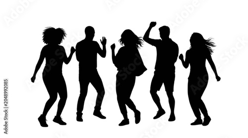 Silhouette group of people dancing together joyfully isolated on transparent background, Vector