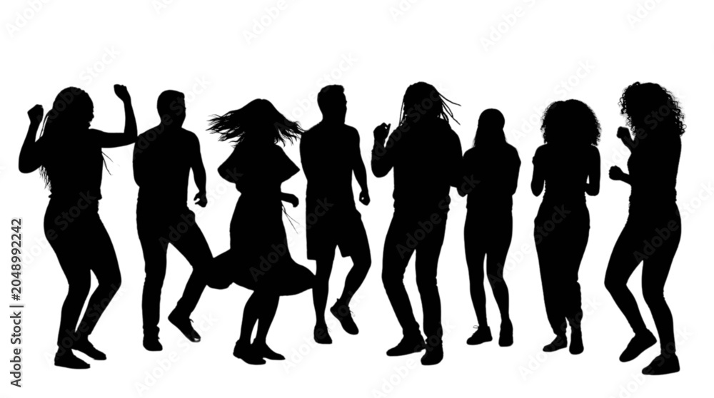 Fototapeta premium Group of people dancing together at night isolated on transparent background, Vector