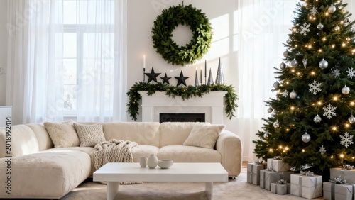 Cozy Modern Living Room With Decorated Christmas Tree, Fireplace Wreath and Wrapped Gifts