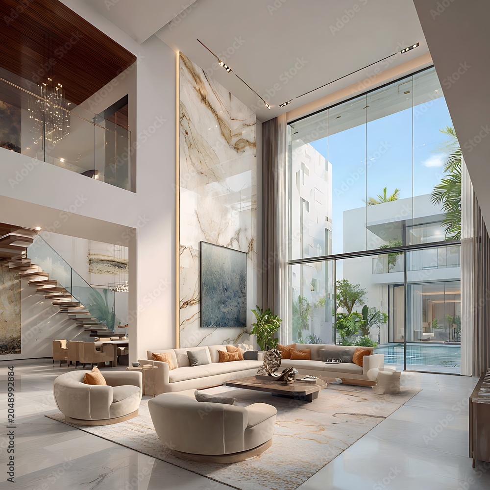 Fototapeta premium Interior space features a high-ceiling living area with marble wall accents and a view overlooking a backyard pool.