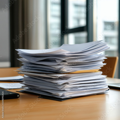 Office paperwork pile-up home office image of clutter indoor close-up administrative struggles
