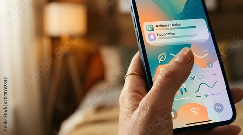 Smartphone held by hand showing wellness tracker application with notifications and heart rate interface in warm domestic room.