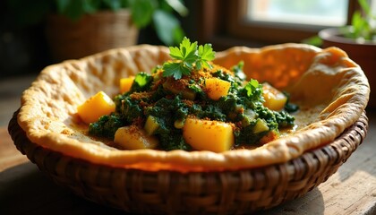 Ethiopian yeabesha gomen stew with cabbage and potatoes served in injera bread bowl. Richly spiced collard greens dish presented in rustic woven basket. Traditional African food from East Africa.