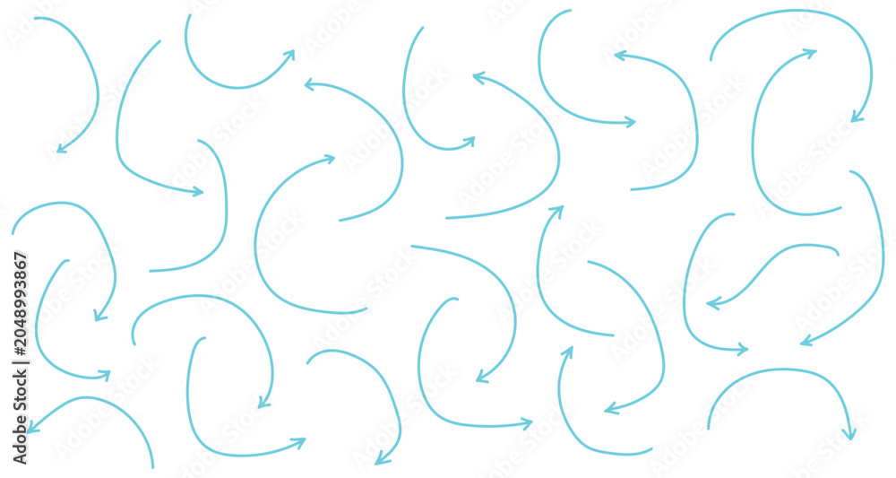 Fototapeta premium Blue arrow headed icon set on white page. Hand drawn curved arrow icon set on white page. Doodle hand drawn curved arrow icon set. EPS 10.