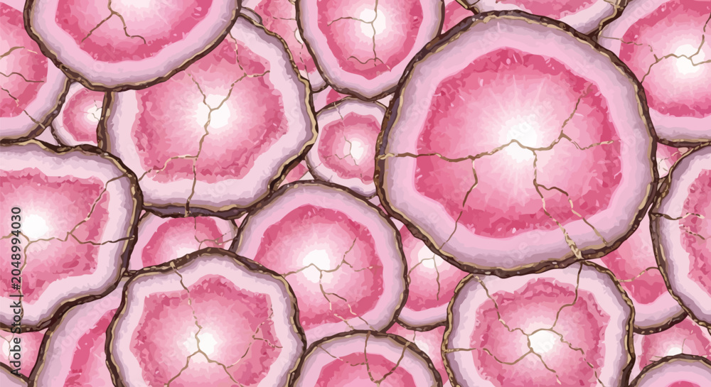 Fototapeta premium Pink Agate Geode Pattern Background Gold Accents Crystals