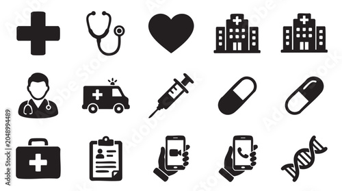 Medical icons, healthcare symbols, black vector set, 16 elements, hospital signs