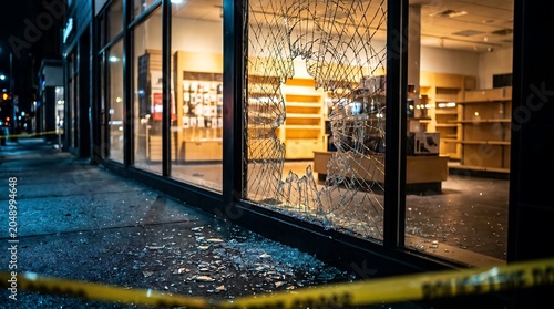 Shattered glass storefront window at night with police tape highlighting an urban crime scene.