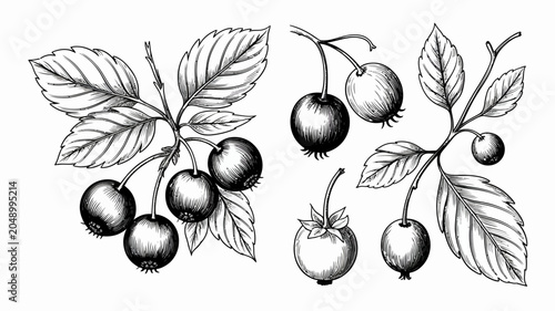 Billede på lærred Blackthorn branches with dark berries and detailed leaves a vintage style botani