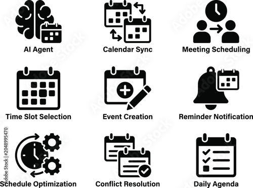 Calendar and scheduling icons set representing time management meeting planning and event coordination for business projects.