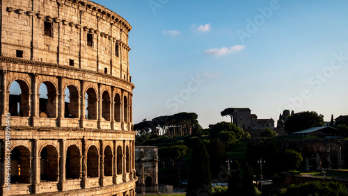 ROME, ITALY – The ancient arched facade of the Colosseum stands as one of Rome's most recognizable landmarks, the 2,000-year-old amphitheater that once hosted gladiatorial contests.