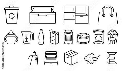 Thin Line Food Storage Packaging and Household Container Vector Icon Set