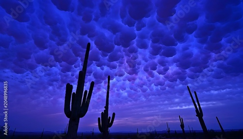 Silhouette of cacti at dusk with dramatic purple and blue stormy sky