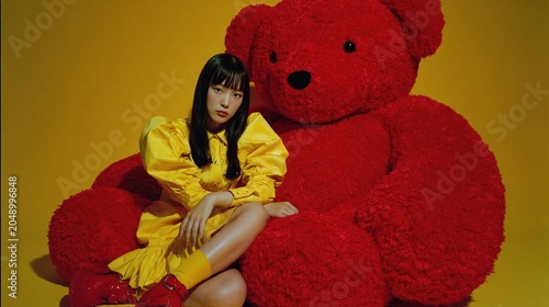 Asian woman in a yellow dress sitting on a giant red teddy bear chair. Concept of fashion, childhood nostalgia and creative studio portrait. Vibrant studio photography for creative projects.