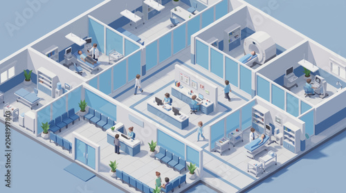 Obraz na płótnie Isometric hospital floor plan with medical staff and equipment.