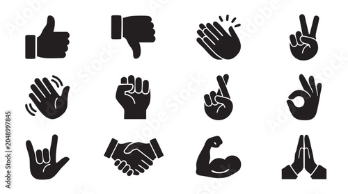 Hand gestures, hand signs, icons, 12 black hand symbols, hand signals, vector set