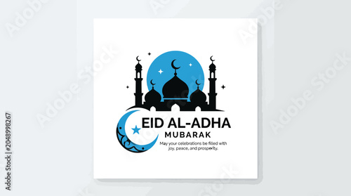 Schilderij op canvas Eid Al-Adha Mubarak Islamic Mosque Crescent Moon Blue Sky Stars Greeting Card