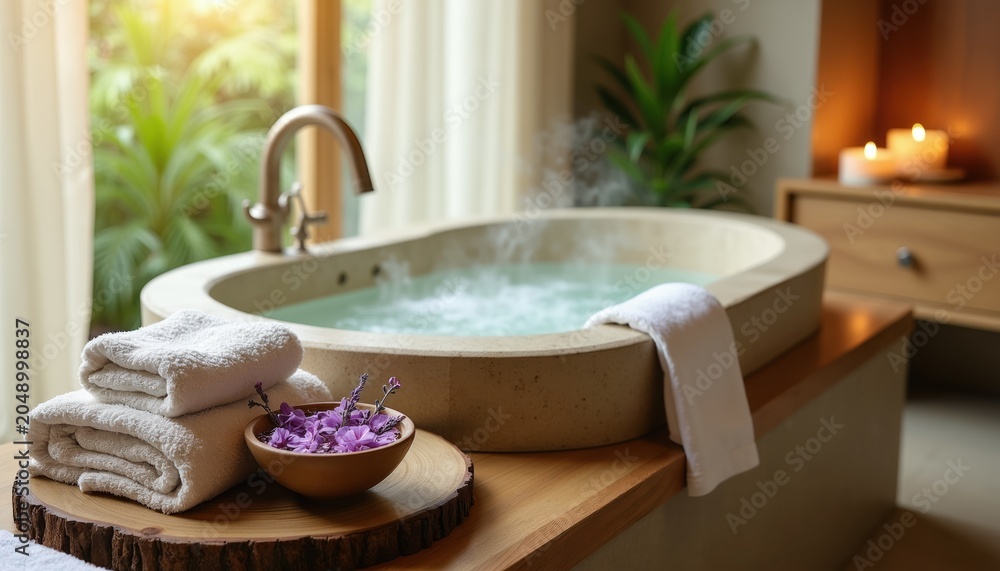 Fototapeta premium Soaking tub filled with bubbly water. White towels and purple flower petals await in serene spa setting. Warm candles glow near cabinet. Nature view outside window.