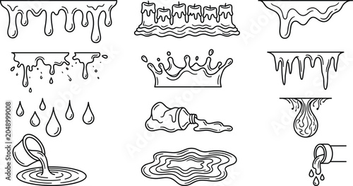 Liquid Drip and Spill Effect Collection Featuring Paint Splashes, Melting Drops, Puddles, Pouring Fluid, and Decorative Flow Elements