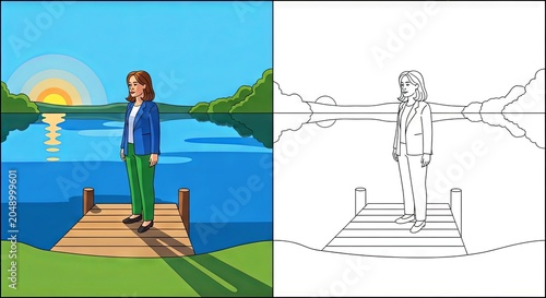 Man standing on wooden pier by lake at sunrise in illustrated style  