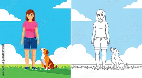 Girl standing with dog in grassy field under blue sky  