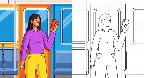 Young woman using smartphone while standing in subway train  