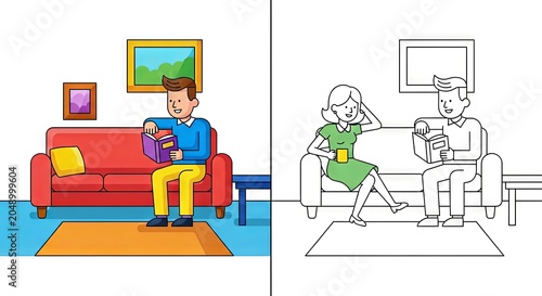 Man sitting on couch opening a gift box with woman nearby  