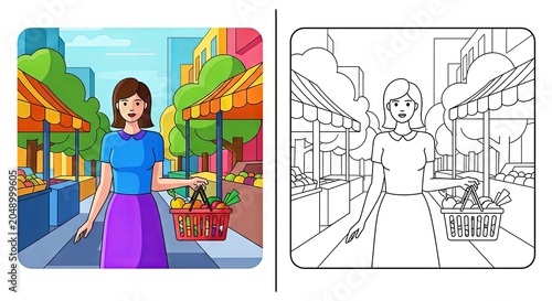 Young woman shopping with basket at vibrant market on sunny day  