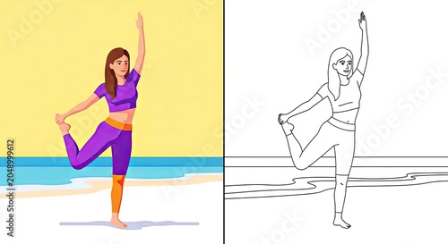 Young woman practicing yoga by the beach in vibrant outfit  