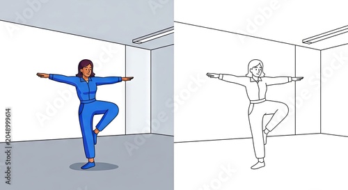 Illustration of a woman practicing yoga in a studio environment  