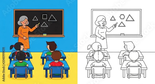 Teacher explaining shapes to students in classroom with blackboard  