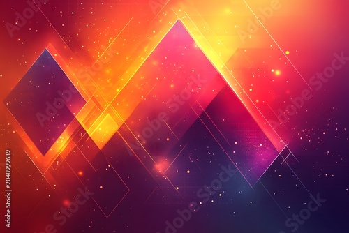 Abstract geometric shapes in vibrant gradient colors with sparkling lights create a cosmic and ethereal background.