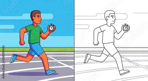 Young man running with stopwatch on outdoor track in colorful style  
