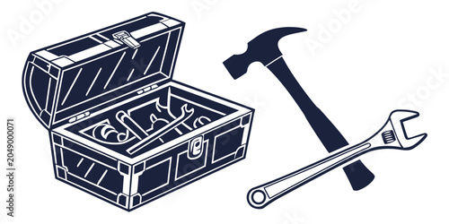 Tableau sur toile Open metal toolbox with assorted hand tools hammer and adjustable wrench mainten