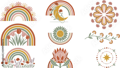 Boho Rainbow and Floral Design Collection Featuring Botanical Elements, Sunbursts, Retro Aesthetics, and Decorative Nature Illustrations