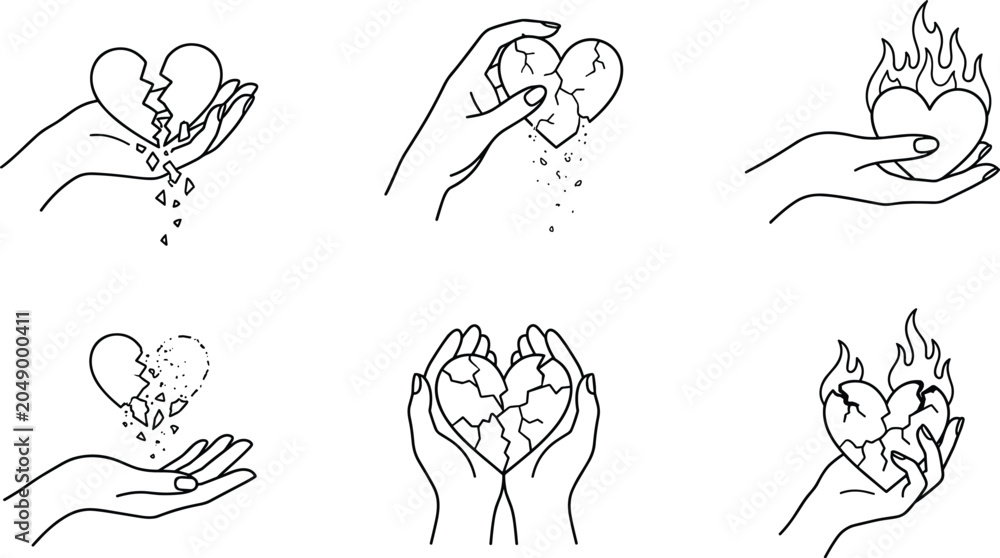 Fototapeta premium Broken Heart and Emotional Healing Line Art Collection Featuring Heartbreak, Recovery, Love Loss, Forgiveness, and Relationship Concepts