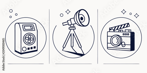 Cuadro en lienzo Line art icons of media equipment and broadcasting tools in circles with equipme