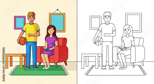 Young couple playing basketball and relaxing on sofa in living room  