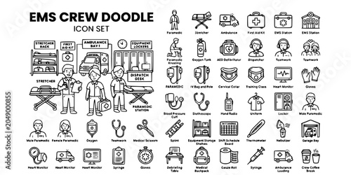 Tableau sur toile EMS Crew Team Doodle Black White-Paramedic Figure Equipment Label Station-Team V