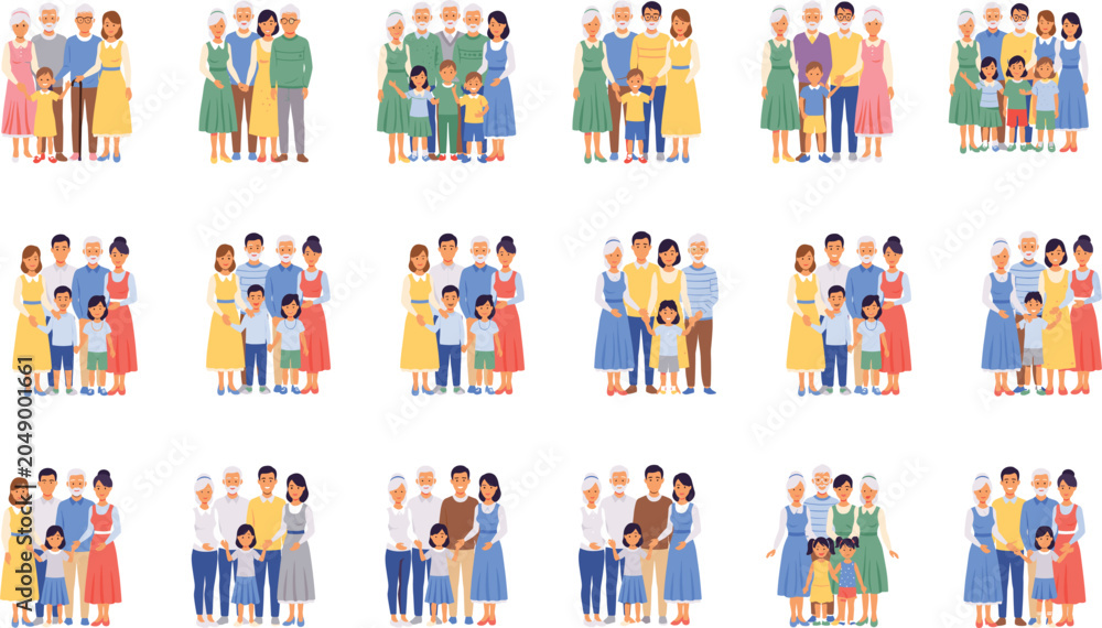 Fototapeta premium Multigenerational Family Collection Featuring Parents Children and Grandparents Standing Together Happy Family Vector Illustration Set
