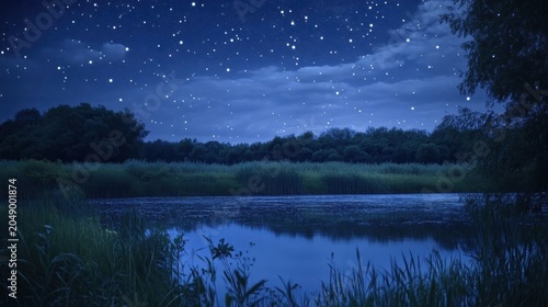 A serene night landscape with a vast starry sky and reflections on a tranquil river